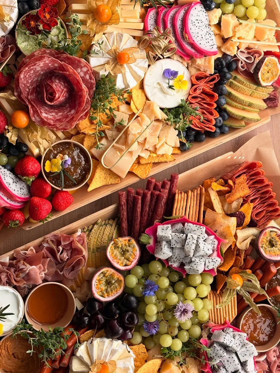 Close detail of fruit, cheese, and charcuterie