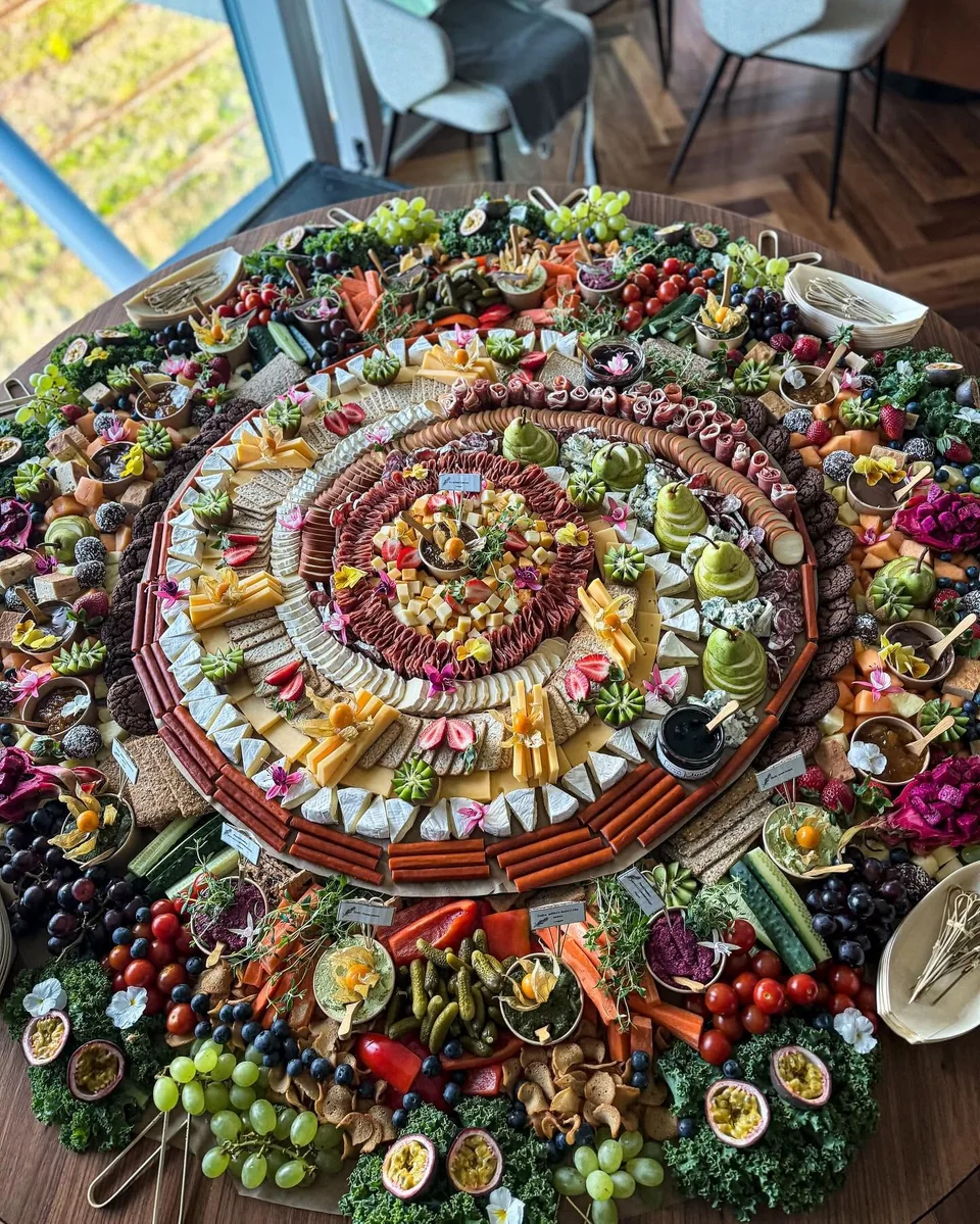 Round grazing arrangement on a wooden table