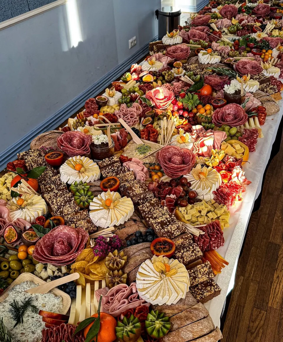 Sunlit indoor grazing table ready for guests